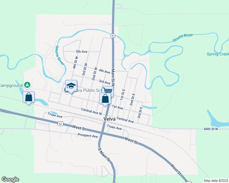 map of restaurants, bars, coffee shops, grocery stores, and more near 206 Highway 41 in Velva