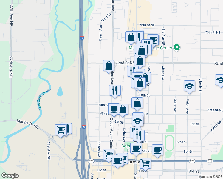 map of restaurants, bars, coffee shops, grocery stores, and more near 1029 Cedar Avenue in Marysville