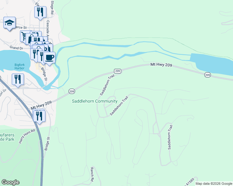 map of restaurants, bars, coffee shops, grocery stores, and more near 210 Trading Post Trail in Bigfork