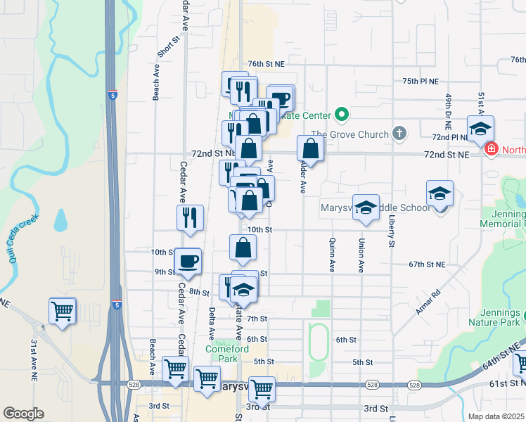 map of restaurants, bars, coffee shops, grocery stores, and more near 1044 Columbia Avenue in Marysville