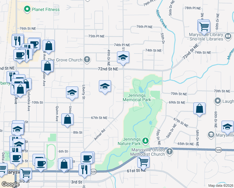 map of restaurants, bars, coffee shops, grocery stores, and more near 6902 Armar Road in Marysville