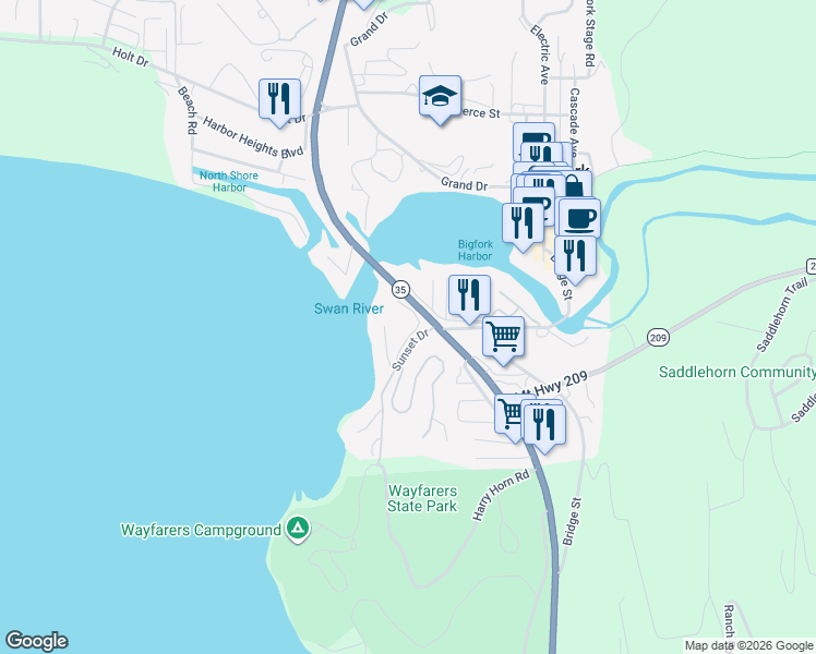 map of restaurants, bars, coffee shops, grocery stores, and more near 54 Sunset Drive in Bigfork