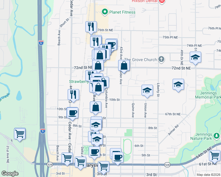 map of restaurants, bars, coffee shops, grocery stores, and more near 1060 Columbia Avenue in Marysville