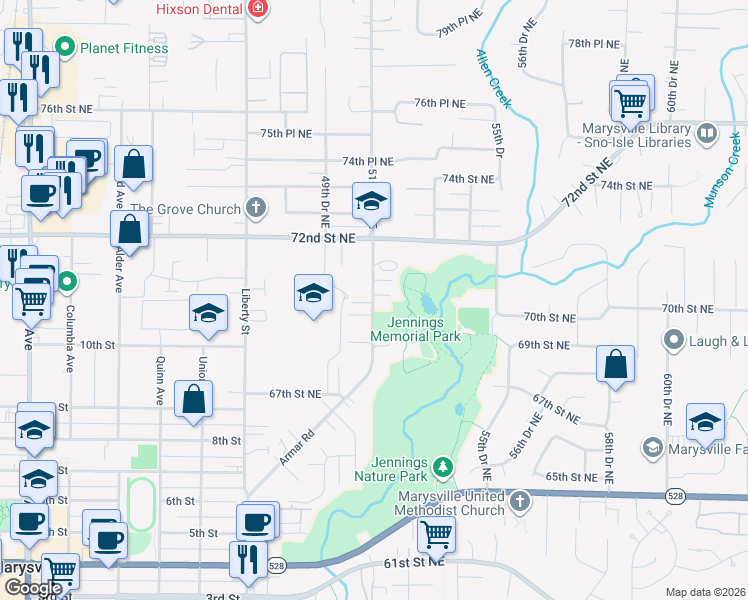 map of restaurants, bars, coffee shops, grocery stores, and more near 6933 Armar Road in Marysville
