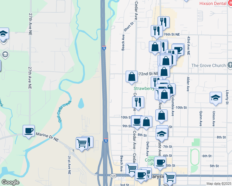 map of restaurants, bars, coffee shops, grocery stores, and more near 1077 Beach Avenue in Marysville