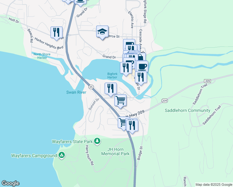 map of restaurants, bars, coffee shops, grocery stores, and more near 270 Bridge Street in Bigfork