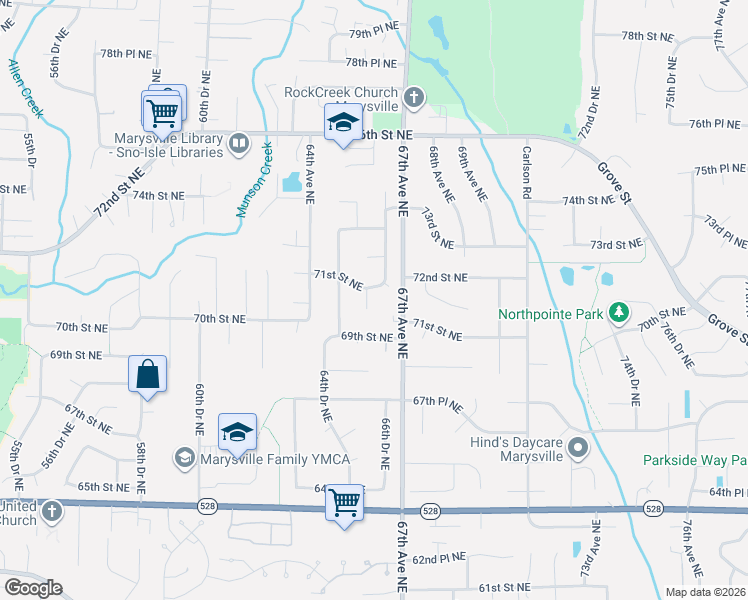 map of restaurants, bars, coffee shops, grocery stores, and more near 7032 66th Drive Northeast in Marysville