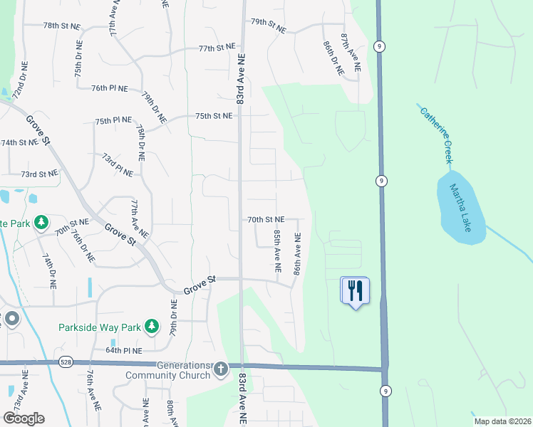 map of restaurants, bars, coffee shops, grocery stores, and more near 8416 71st Street Northeast in Marysville