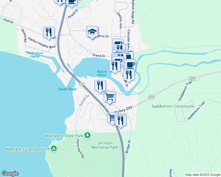 map of restaurants, bars, coffee shops, grocery stores, and more near 270 Bridge Street in Bigfork