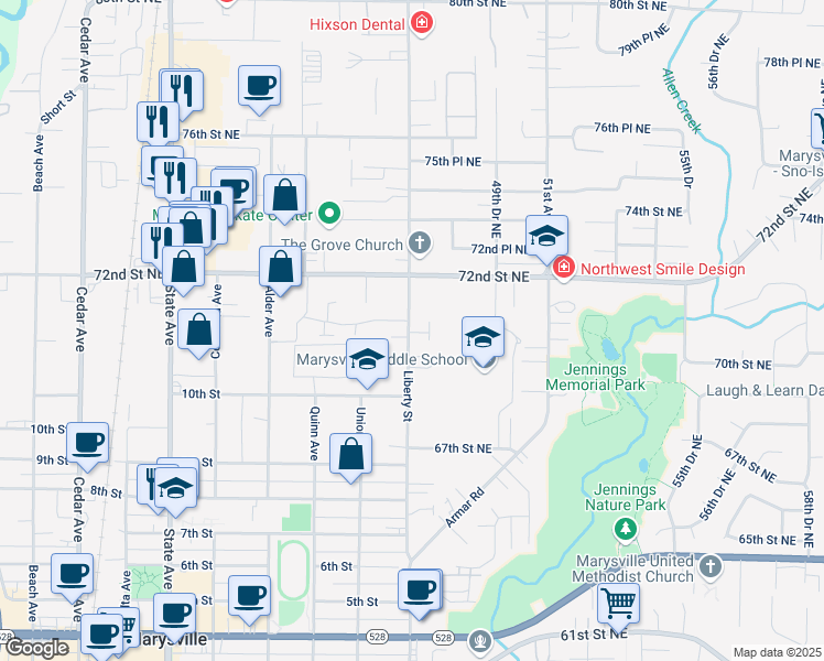 map of restaurants, bars, coffee shops, grocery stores, and more near 7015 Liberty Street in Marysville