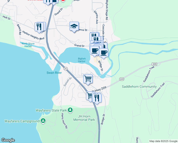 map of restaurants, bars, coffee shops, grocery stores, and more near 270 Bridge Street in Bigfork