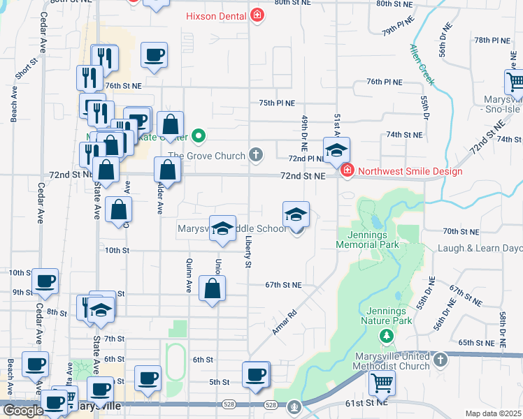map of restaurants, bars, coffee shops, grocery stores, and more near 7015 Liberty Street in Marysville
