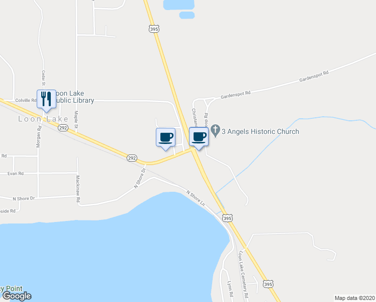 map of restaurants, bars, coffee shops, grocery stores, and more near 3933 Gardenspot Road in Loon Lake