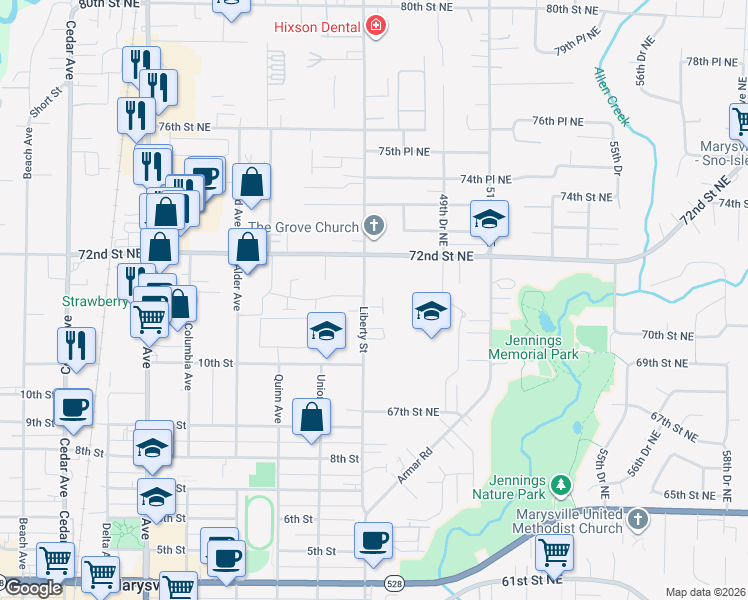 map of restaurants, bars, coffee shops, grocery stores, and more near 7629 Liberty Street in Marysville