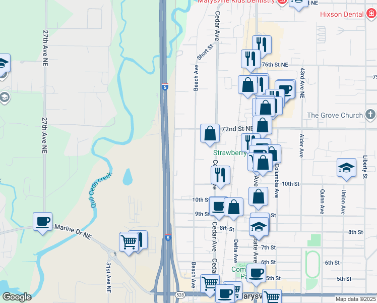 map of restaurants, bars, coffee shops, grocery stores, and more near 1077 Beach Avenue in Marysville