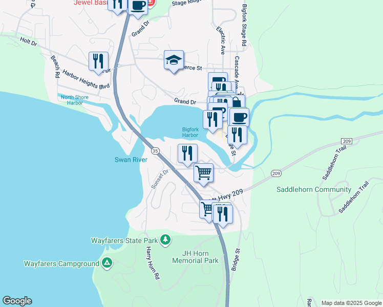 map of restaurants, bars, coffee shops, grocery stores, and more near 10 Bear Dance Village in Bigfork