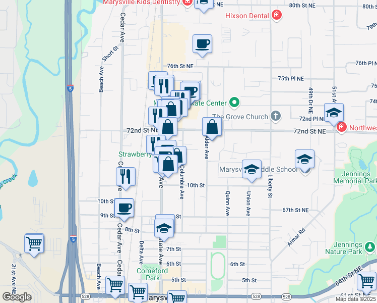 map of restaurants, bars, coffee shops, grocery stores, and more near 1092 Columbia Avenue in Marysville