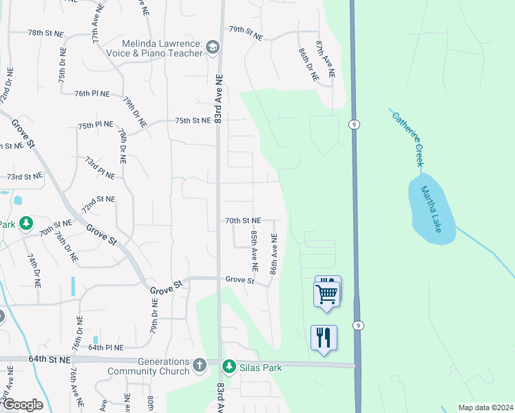 map of restaurants, bars, coffee shops, grocery stores, and more near 7011 85th Avenue Northeast in Marysville