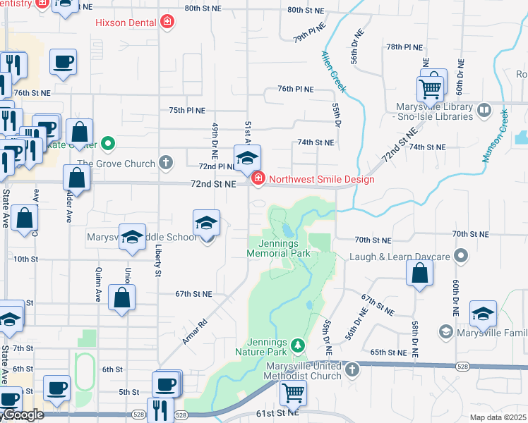 map of restaurants, bars, coffee shops, grocery stores, and more near 7021 Armar Road in Marysville