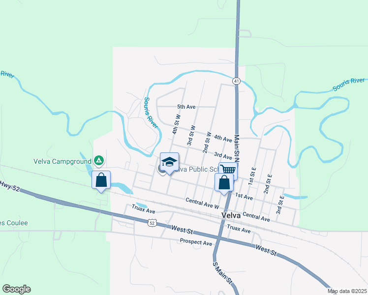 map of restaurants, bars, coffee shops, grocery stores, and more near 303 3rd Avenue in Velva
