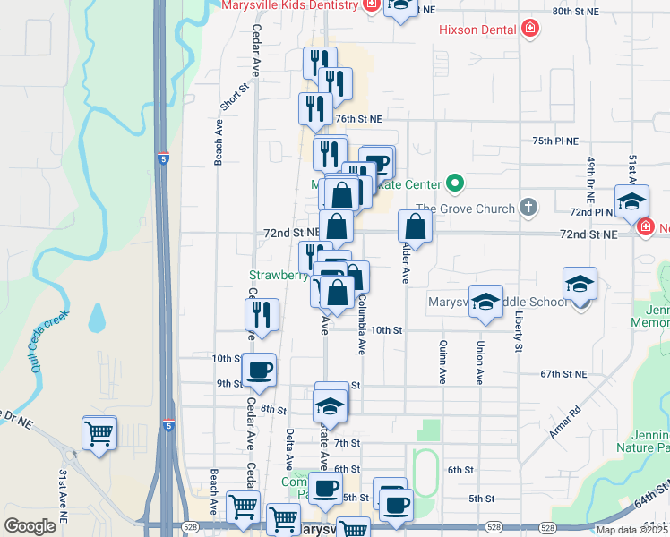 map of restaurants, bars, coffee shops, grocery stores, and more near 1094 State Ave in Marysville