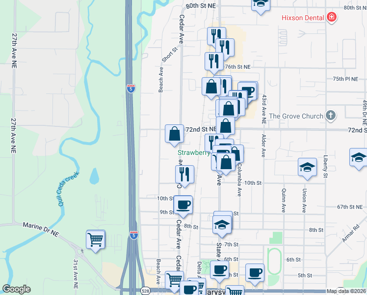 map of restaurants, bars, coffee shops, grocery stores, and more near 1086 Cedar Avenue in Marysville