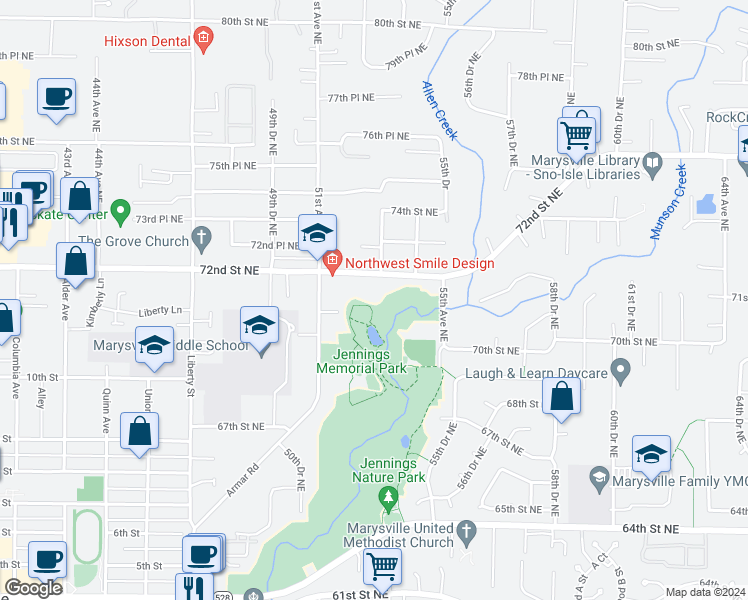 map of restaurants, bars, coffee shops, grocery stores, and more near 5216 Grove Street in Marysville