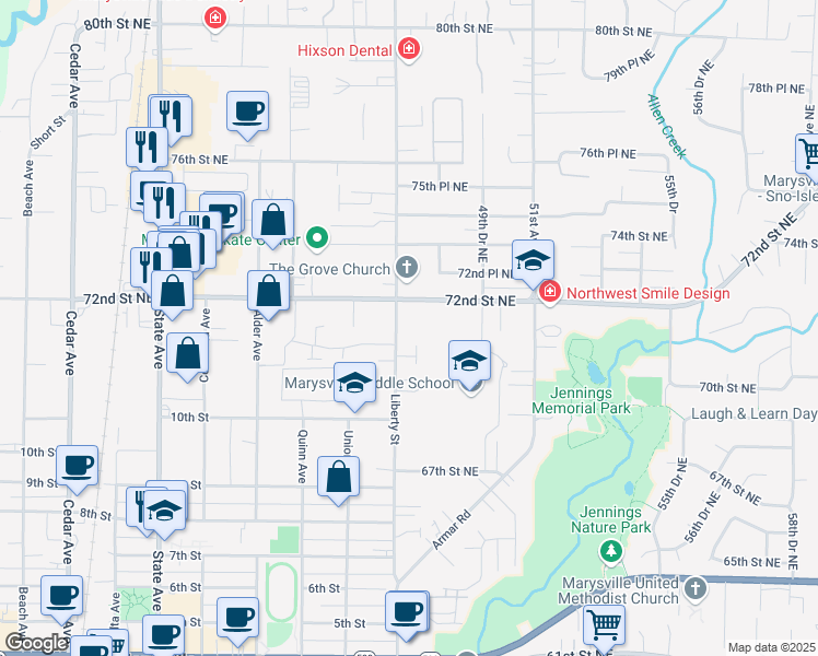 map of restaurants, bars, coffee shops, grocery stores, and more near 7111 47th Avenue Northeast in Marysville