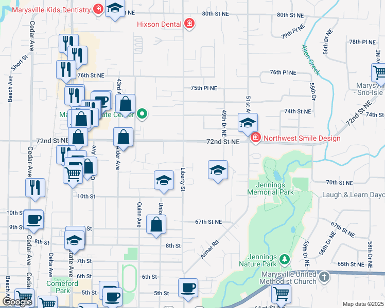 map of restaurants, bars, coffee shops, grocery stores, and more near 7015 Liberty Street in Marysville