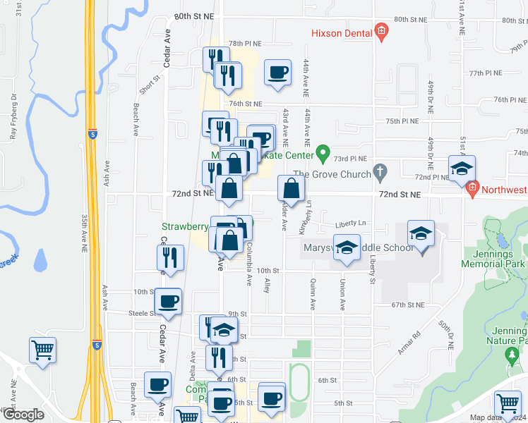 map of restaurants, bars, coffee shops, grocery stores, and more near 1092 Columbia Avenue in Marysville