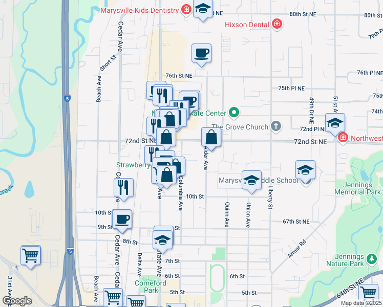 map of restaurants, bars, coffee shops, grocery stores, and more near 1092 Columbia Avenue in Marysville