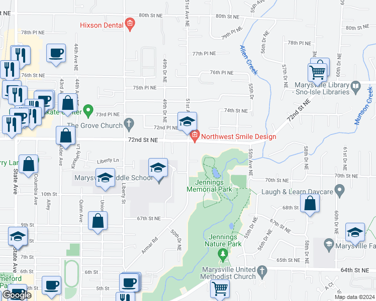 map of restaurants, bars, coffee shops, grocery stores, and more near 7021 Armar Road in Marysville