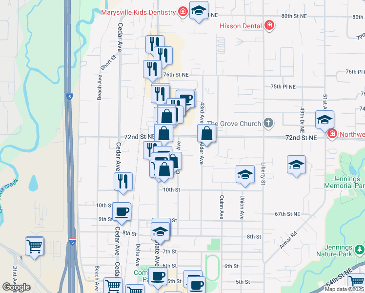 map of restaurants, bars, coffee shops, grocery stores, and more near 1092 Columbia Avenue in Marysville