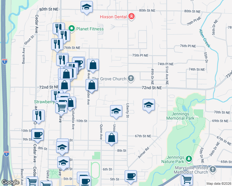 map of restaurants, bars, coffee shops, grocery stores, and more near 1907 Liberty Lane in Marysville