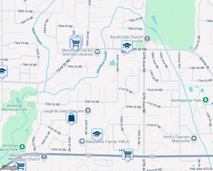 map of restaurants, bars, coffee shops, grocery stores, and more near 6209 72nd Street Northeast in Marysville