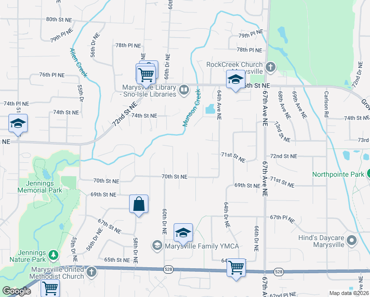 map of restaurants, bars, coffee shops, grocery stores, and more near 7127 61st Drive Northeast in Marysville