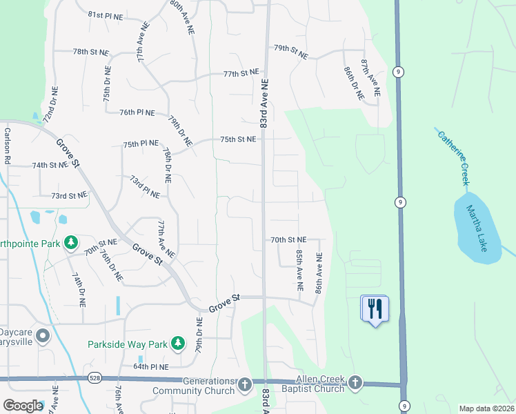 map of restaurants, bars, coffee shops, grocery stores, and more near 8212 72nd Place Northeast in Marysville