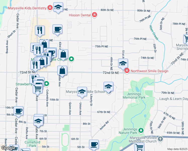 map of restaurants, bars, coffee shops, grocery stores, and more near 7119 47th Avenue Northeast in Marysville