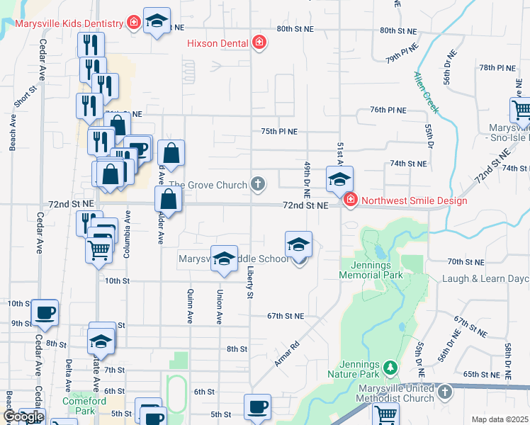 map of restaurants, bars, coffee shops, grocery stores, and more near 4705 Grove Street in Marysville