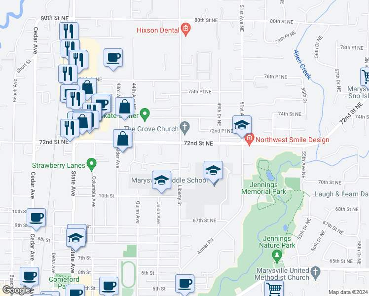 map of restaurants, bars, coffee shops, grocery stores, and more near 4705 Grove Street in Marysville