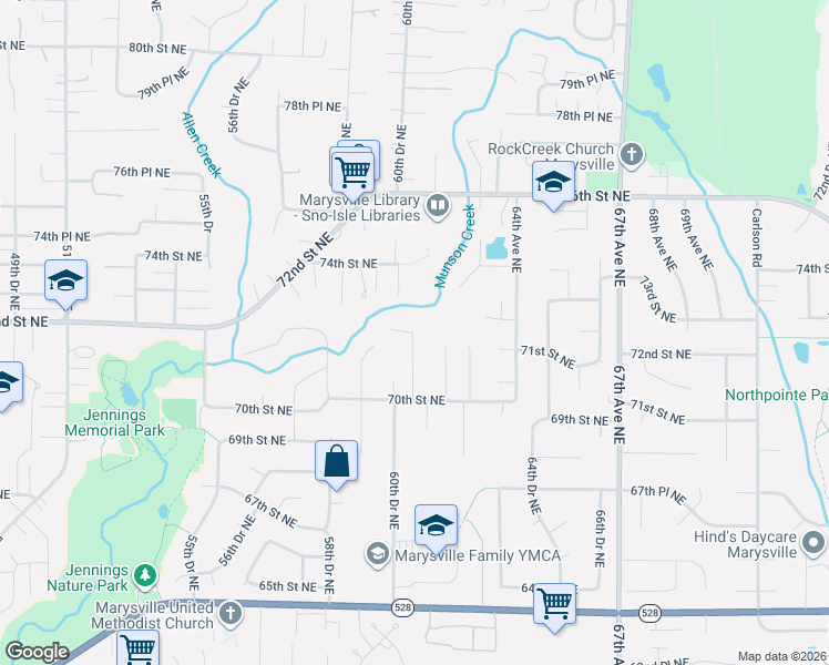 map of restaurants, bars, coffee shops, grocery stores, and more near 7621 61st Drive Northeast in Marysville