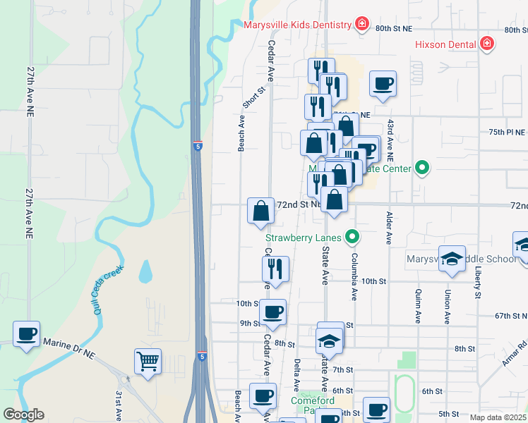 map of restaurants, bars, coffee shops, grocery stores, and more near 1216 Grove Street in Marysville