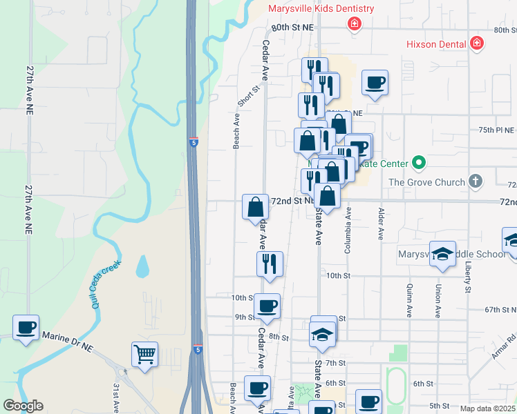 map of restaurants, bars, coffee shops, grocery stores, and more near 1216 Grove Street in Marysville