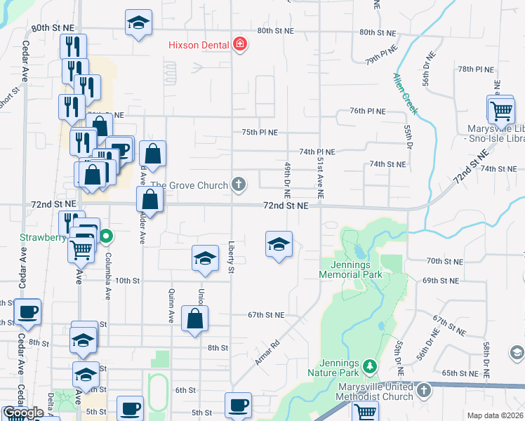 map of restaurants, bars, coffee shops, grocery stores, and more near in Marysville