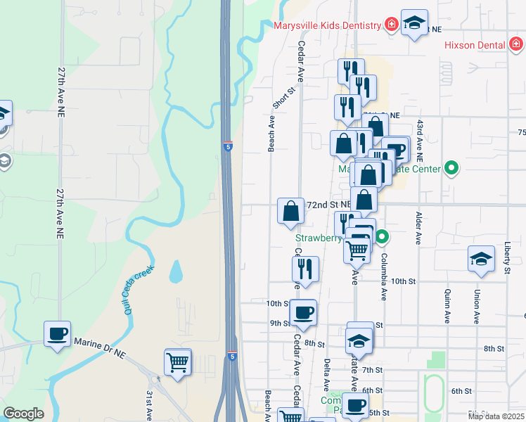 map of restaurants, bars, coffee shops, grocery stores, and more near 1203 Beach Avenue in Marysville