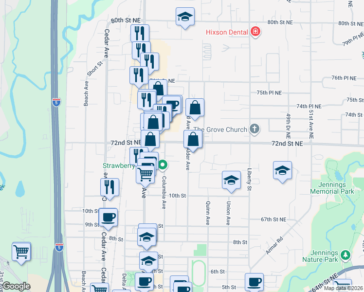 map of restaurants, bars, coffee shops, grocery stores, and more near 1628 Grove Street in Marysville