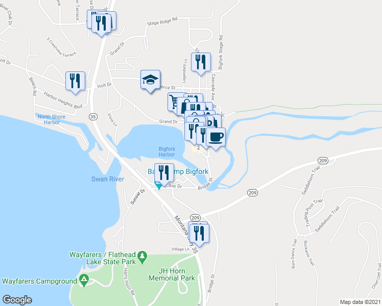 map of restaurants, bars, coffee shops, grocery stores, and more near 428 Electric Avenue in Bigfork