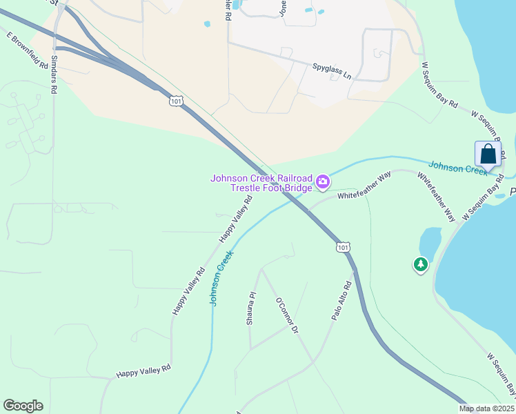 map of restaurants, bars, coffee shops, grocery stores, and more near 95 Happy Valley Road in Sequim