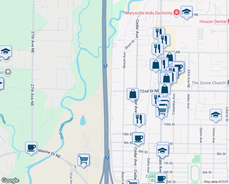 map of restaurants, bars, coffee shops, grocery stores, and more near 1106 Ash Avenue in Marysville