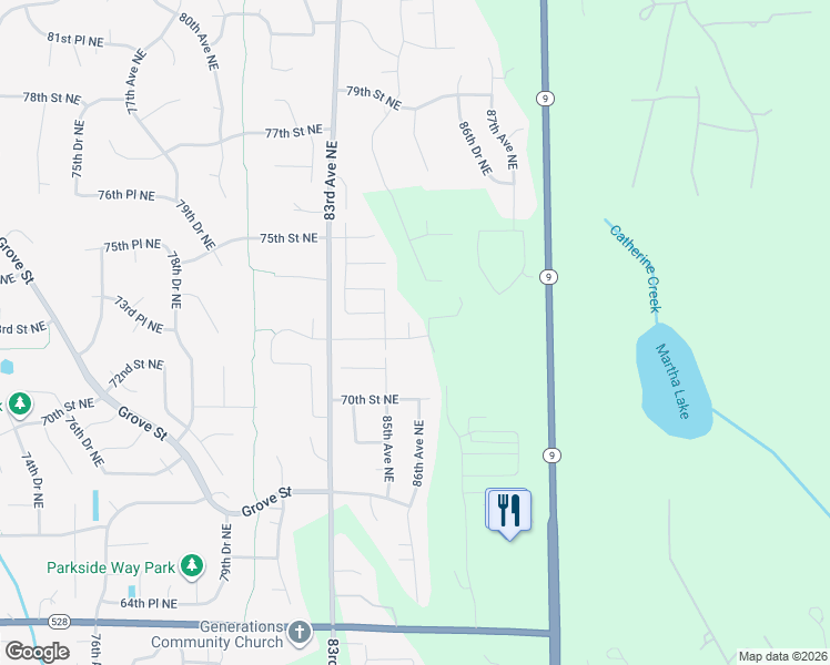 map of restaurants, bars, coffee shops, grocery stores, and more near 7269 85th Drive Northeast in Marysville